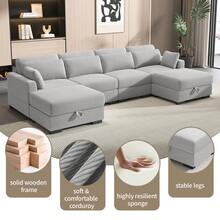 Multi Person Combination Sofa,Highly Resilient Sponge,Solid Wooden Frame,Single Seater Sofa,Storage Bench,Corduroy Sectional For Living Room,Anti-Scratching,Gray