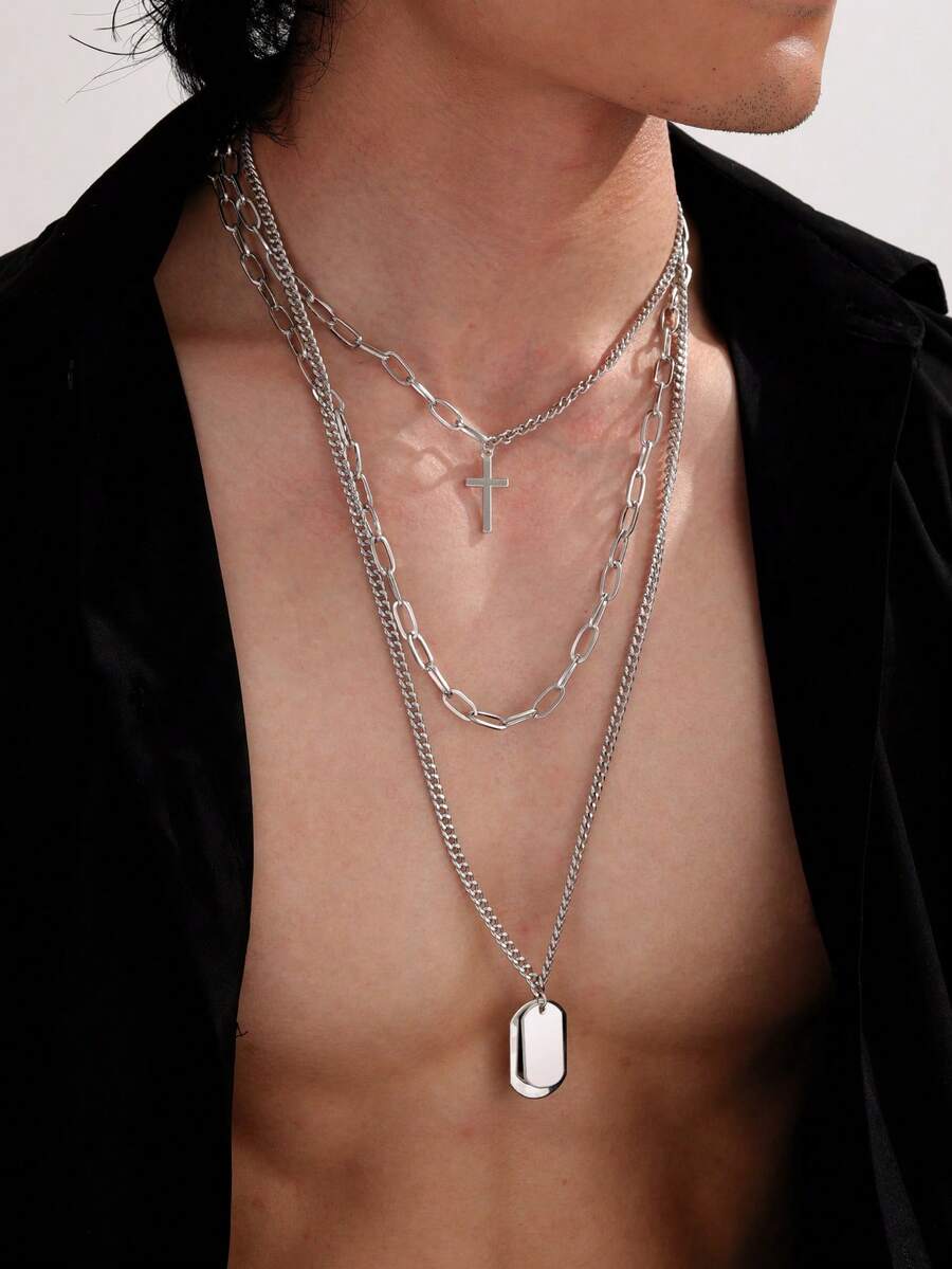 3pcs/Set Men's Punk Minimalist Geometric Cross Beaded Necklace, Suitable For Everyday Wear - Silver - View 1