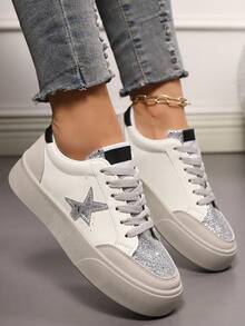 女士休闲鞋，带亮片星星装饰，系带运动鞋；流行豹纹春夏黑色休闲女士圆头脏鞋，防滑软底鞋，适合居家、散步、购物