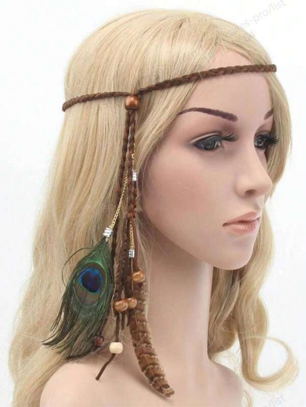 1pc Peacock Feather Headband, Bohemian Style Feather Hair Accessory Turban Headband Sweatband