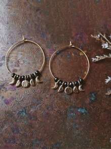 2 brincos de argola estilo boho com pedras preciosas pretas e lua dourada, brincos de liga para mulheres, adequados para sair, festas, uso diário