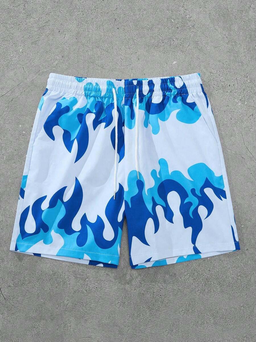 Fashion Flame Print Drawstring Waist Loose Men's Shorts, Suitable For Beach, Vacation, Gentleman Leisure Time