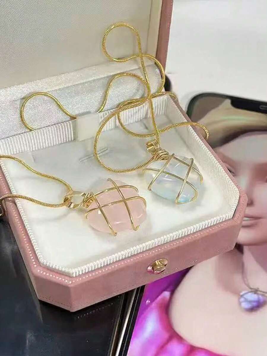 2 Moonstone Necklaces Rose Stone Heart Necklace Set Y2k Women's Friendship Necklace Couple Necklace Prom Jewelry - 2PC Heart Necklace - View 1