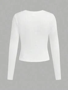 Ribbed cotton women's long-sleeved top, college style spring and summer new sports women's clothing, drape fashion soft breathable women's grey long-sleeved tops - 白色 - 查看 3