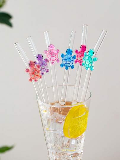 [1/6pcs] Cute Multi-Color Small Turtle Decorated Glass Straws, Reusable Bent Straws For Milkshakes, Milk, Tea, Juice, Cocktails, Cold Drinks, Girlfriend Gifts, Dessert Shops, Soda, Snack Bars, Office, Bars, Restaurants
