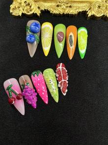 10 Pieces Handmade Press-On Nails, Exquisite Nail Art, Fruit,Hand-Carved Designs, Stunning Leopard Print Patterns, Pink And Yellow Floral Accents, Glittering Artificial Diamonds, Perfect For Spring And Summer Wear, Ideal For Everyday Outfits Or Party Occasions - 彩色 - 查看 12