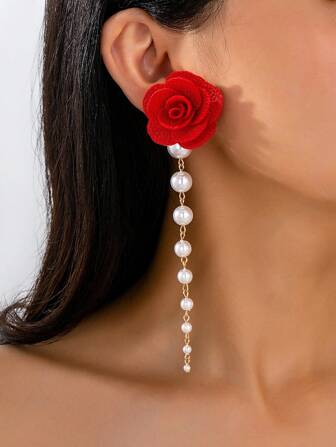 A Pair Of Exaggerated Red Floral Fringe Women's Earrings Suitable For Women's Parties And Daily Wear