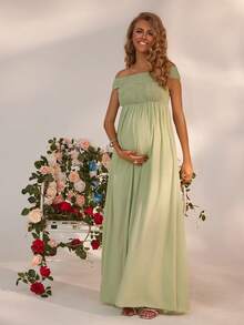 Joyfunear Schwangeren Frauen Einfarbiges Lose Maxikleid mit hoher Taille, Plissee und einem Schulterausschnitt