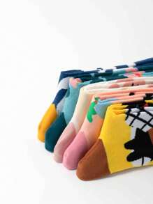 5 Pairs Mixed Color Art Illustration Cartoon Figure & Animal Pattern Fashionable Mid-Calf Socks, Great Gift For Family And Friends