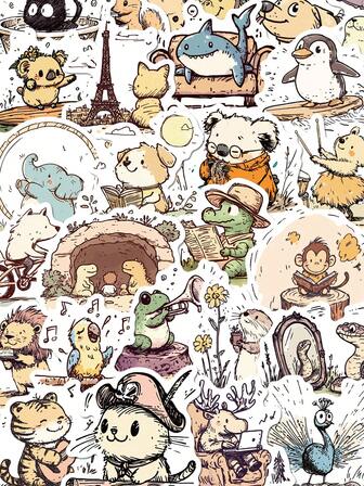 YWWBLD 50pcs Cute Hand-Painted Animal Regular Stickers Handbook Laptop Phone Case Luggage Decorative Stickers
