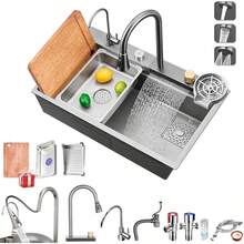 Fregadero De Cocina, 80 * 45 * 22cm Fregadero De Cascada, Fregadero De Lluvia Volador Con Arandela De Copa y 3 En 1 Grifoíble En Cascada, 304 Acero Inoxidable, Plateado - Plateado - Ver 8