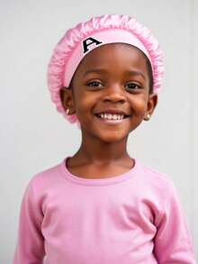 A-Z Letter Print Pink Elastic Wide Brim Satin Sleeping Cap For Kids - Fit, Breathable Comfort, Anti-Slip Lining - Pink - View 4