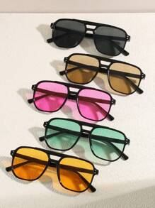 1pc Women's Square Rivet Frame Multicolor Combination Glasses Sets, Suitable For Outings, Retro Double Bridge Simple Large Frame , Ins Personalized Ocean Lens