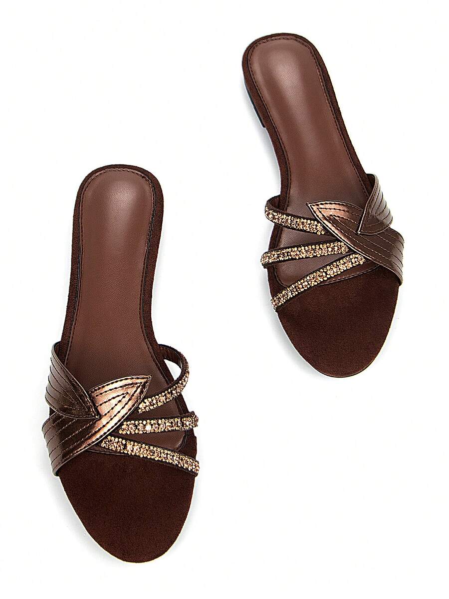 Women Elegant Bronze Leaf Decor Rhinestone Chain Suede Slip-On Flat Mules Shoes, Comfortable & Stylish For Daily Wear And Party,Spring Summer Outfits - Brown - View 1