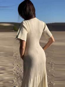 Elegant Ivory White Ribbed Knit Button-Front Mid-Length Dress, Round Neck, Solid Color, Fitted - White - View 3