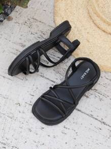 Girls' Korean Style Versatile PU Leather Roman Sandals, New Soft Bottom Fashion Open Toe Anti-Slip Beach Shoes, Suitable For Summer