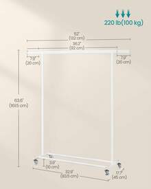 Portant à Vêtements avec Roulettes, Tringle Extensible pour Charge Lourde, Porte-manteau, Rangement Vêtement, Capacité de Charge 100 kg, Montage Facile, Portable, Blanc - Blanc - Voir 4