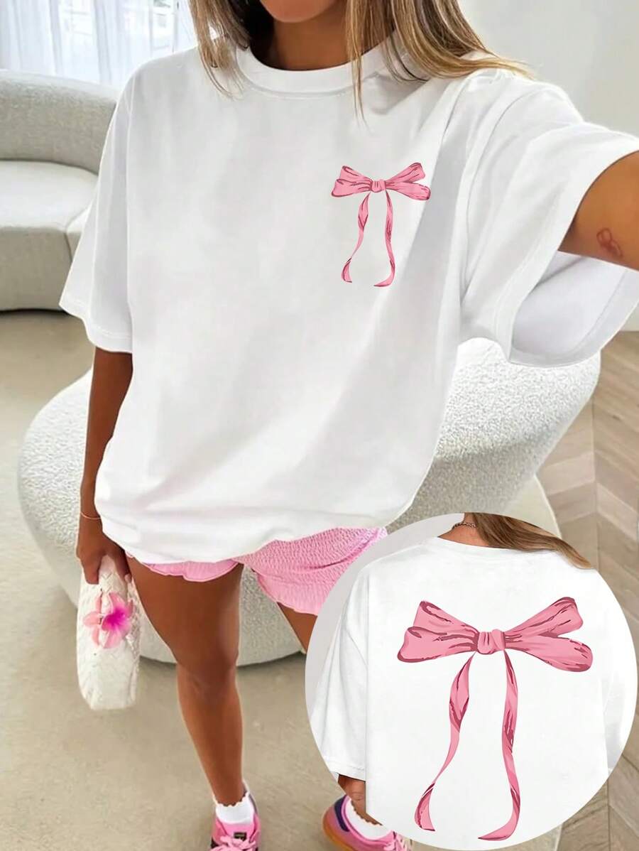 Camiseta casual de mujer con estampado de lazo rosa - Corte suelto, manga corta, cuello redondo, adecuada para primavera y verano