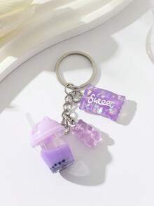 Letter Detail Beverage & Cake Charm Keychain - Pink - View 5