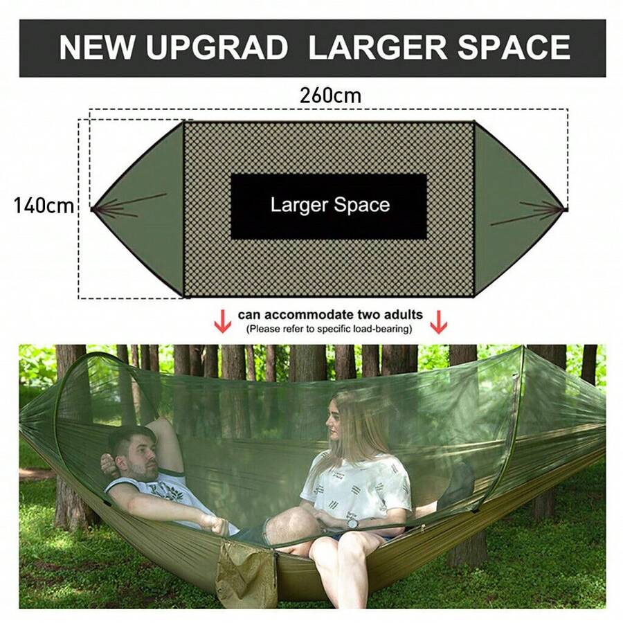 Outdoor Adventure Camping Hammock Tent | Anti-Mosquito Net & Quick-Setup Straps | Portable Double Hammock For Hiking/Backyard/Garden (300kg Capacity) Summer Camping Must-Have - Army Green - View 1