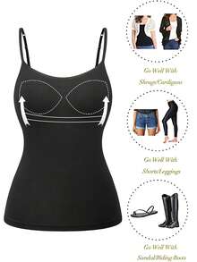Built-In Shelf Bra Tank Tops For Women Adjustable Spaghetti Strap Camisole Camisas Para Mujer Adjustable Straps Shapewear Tops Black - 黑色 - 查看 3