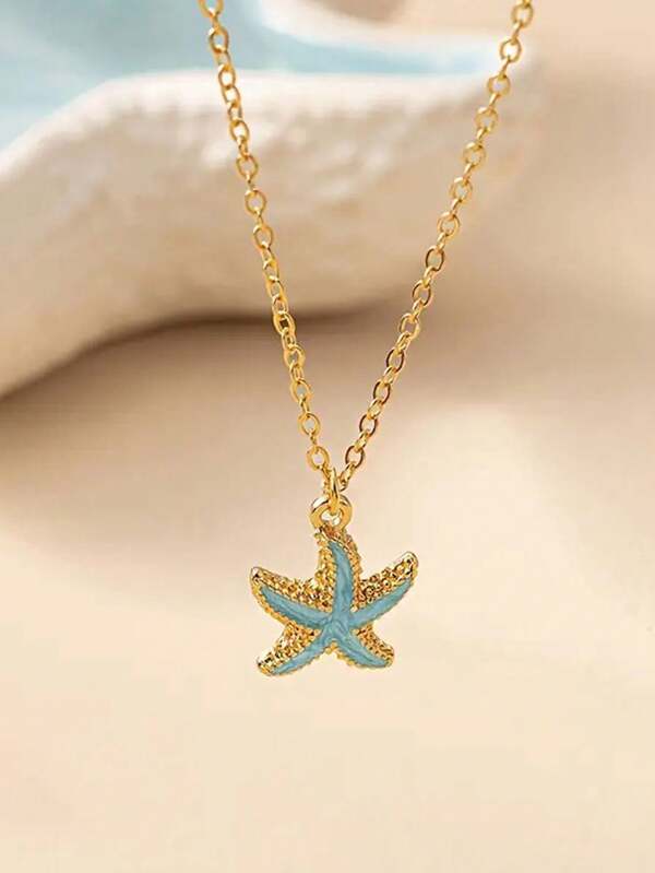 1 pieza Collar colgante con dije de estrella de mar elegante para mujer - Metalizado dorado con dije de estrella de mar azul brillante, adecuado para fiestas, cumpleaños y regalos de festivales de primavera, accesorio versátil con temática oceánica, artesanía exquisita