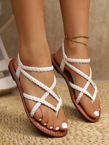Women's Woven Flat Sandals, Toe Ring & Open Toe Design Flip Flops, Non-Slip Slippers, Suitable For Indoor And Outdoor Wear,Boho Style,Spring Summer Outfits - White - View 4