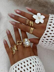 6pcs/7pcs Set Vintage Geometric Flower Embellished Ringed Jewelry Set, Luxury Casual Everyday Rings For Women, Couples, Holidays, Birthdays, Versatile Accessory Gift