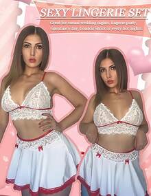SOFUSEN Lingerie Sets Deep V Neck Sexy Lingerie Naughty Lace Mini Skirt Maid Costume Nurse Sexy Short Skirts For   And   Party For Women - 白色 - 查看 2