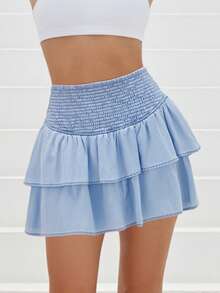 Women's Tiered Ruffled Denim Skirt Solid Color High Rise Mini A Line Jean Skirt Streetwear - 淺藍色 - 查看 8