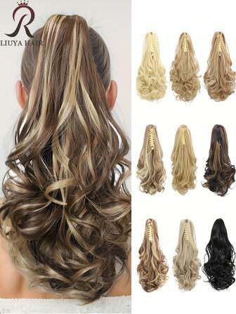 [爪夹马尾] 12 英寸爪夹马尾接发短卷发波浪假发，带有巧克力棕色、金色等多种色调的亮点 - 非常适合日常风格，适合女性的马尾接发