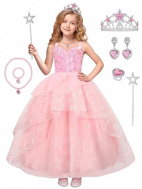 Pink Witch Princess Carnival Cosplay Costume Sparkling Sequin Bubble Tulle Dress With Crown Wand Accessory Outfits Halloween Party Dress UP