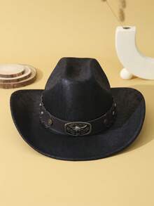 1pc Unisex Cattle Head & Belt Decor Boho Jazz Cowgirl Hat Cowboy Hat Ridge Wide Brim Handmade Soft Felt Hat Panama Hat Fedora Hat Western Suitable For Party - màu đen - Xem 2