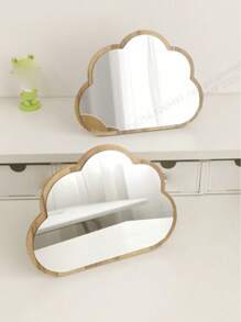 1pc Wooden Cloud Shaped Mirror, High Definition Glass Mirror Surface, Desktop Makeup Mirror, Large Size For Student Dormitory, Portable