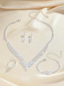 Conjunto de 5 peças de colar, brincos e pulseira geométrica de zircônia cúbica de luxo | Presente de casamento, viagens diárias, festas e feriados | Joias versáteis de alta qualidade