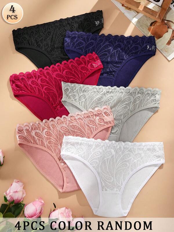 APRSEA 4pcs Random Women's Lace Splicing Cotton Ribbed Everyday Simple Trousers Soft Comfortable Ladies Underwear Panties