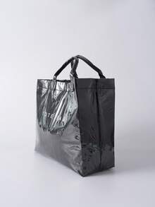 Large Capacity Fashionable Transparent Jelly Bag PVC Waterproof Shopping Bag, Korean Neutral Style Tote Bag, INS Fashionable Retro Casual Street Hipster Tote Bag, Japanese Slouchy Bag, Suitable For High School And University Students Going To School, Gym/Yoga/Travel Bag Or Mommy Bag, Letter Print Minimalist Celebrity-Inspired Creased Texture High-End Quality Multi-Layer Paper Handbag Winter Gifts - Black - View 5