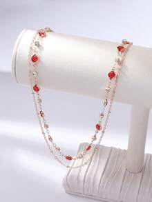 1 chiếc vòng cổ nhiều lớp bằng thủy tinh cá nhân hóa thời trang tối giản dành cho nữ - dây chuyền vàng đỏ - Xem 3