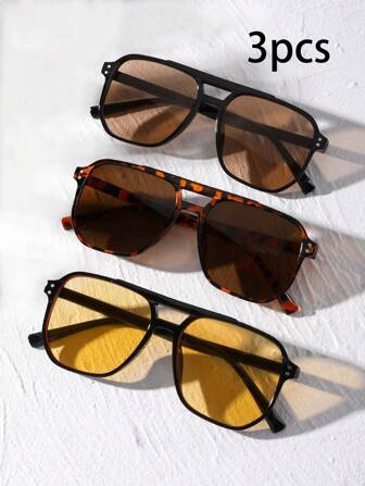 3pcs Women's Dual-Bridge Square Rivets Fashion Eyeglasses Set, Tea Color, Leopard Print, Yellow For Summer Beach Vacation,Outdoor,Travel