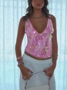 Women Sequin Tank Tops Slim Sparkly Deep V Neck Sleeveless Open Back Crop Vest Casual Summer Streetwear - 粉色 - 查看 4