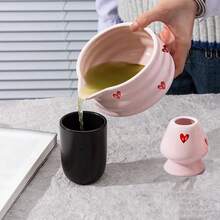 2 件套日式抹茶套装，粉色心形陶瓷抹茶碗（带壶嘴）和抹茶搅拌器架套装，日式抹茶茶具，拿铁和抹茶茶道，抹茶爱好者返校节和生日礼物 - 彩色 - 查看 4