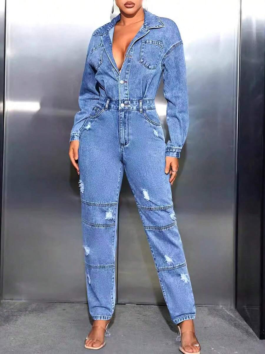 Women's Summer Long Denim Jumpsuit Long Sleeve Trun Down Collar Ripped Button Up Playsuit Streetwear - Blue - View 1
