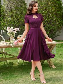 MIUSOL Floral Lace High Neck Side Ruffle Chiffon Cocktail Party Swing Dress - Maroon - View 12