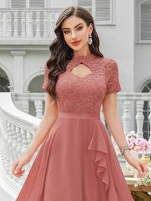 MIUSOL Floral Lace High Neck Side Ruffle Chiffon Cocktail Party Swing Dress - Dusty Pink - View 8