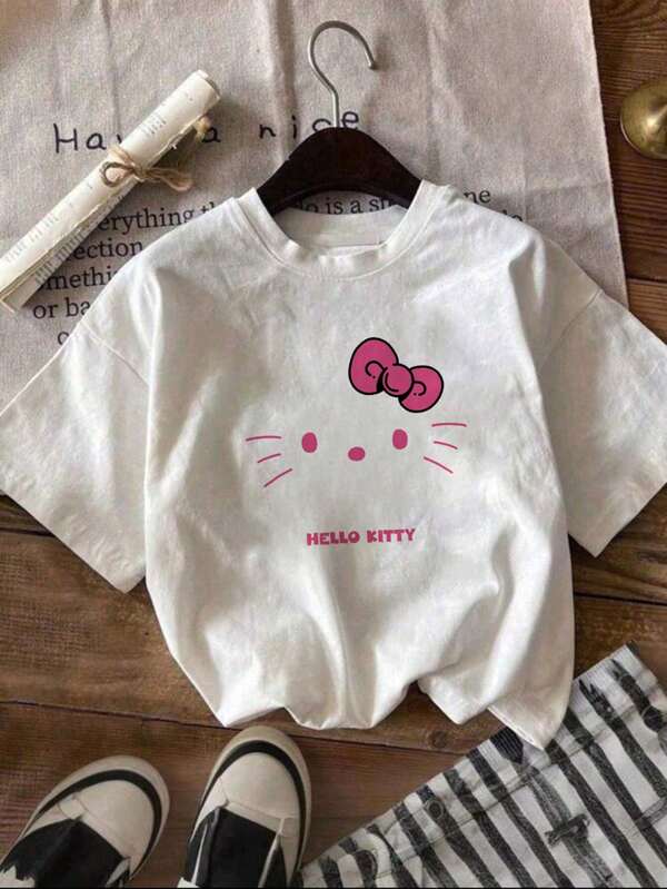 Sanrio Sanrio Women's Summer Hello Kitty Cartoon Pattern Print Casual Simple Daily Round Neck Short-Sleeved T-Shirt Tops Summer Tops White Top Cute Tops Hello Kitty Collaboration