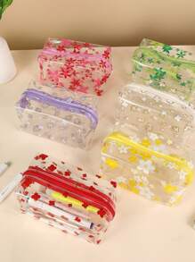 INS Style Delicate Hyuna Flower Transparent Waterproof Cosmetic Bag, Multi-Color Floral PVC Waterproof Portable Large Capacity Girly Organizer Travel Toiletry Bag