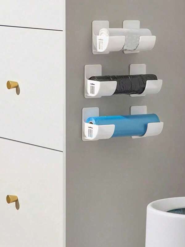 Set de 2/4 piezas Dispensador de bolsas de basura sin perforación, con respaldo adhesivo, estante para bolsas de plástico montado en la pared, estante de almacenamiento de bolsas de supermercado, estante de bolsas de basura blanco, adecuado para almacenamiento y organización del hogar y la cocina, estante de almacenamiento de rodillo de amasar, utensilios de cocina pequeños.