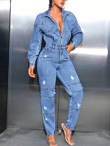 Women's Summer Long Denim Jumpsuit Long Sleeve Trun Down Collar Ripped Button Up Playsuit Streetwear - Blue - View 2