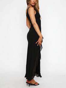 European & American Style Women's Summer New Ruffle Hem Sexy Black Party Cocktail Dress, Versatile Evening Gown - Black - View 4