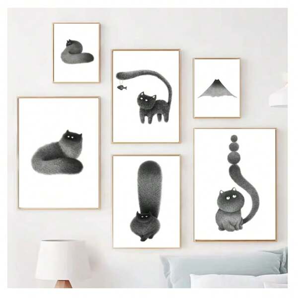 1pc Frameless Modern Minimalist Animal Cat Print Canvas Posters Vintage Painting Wall Arts Suitable For Living Room, Bedroom, Dormitory, Study, Bar, Coffee Shop Wall Decoration Home Decoration